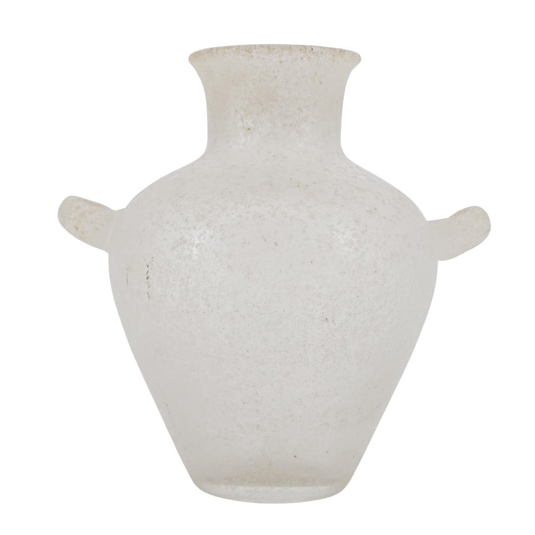 Murano Scavo Art Glass Vase: Murano Scavo Art Glass Vase 20th century, Italy The vase is made from clear base glass with a textured, frosted surface, and it features two small loop handles on either side. H: 8" W: 8"