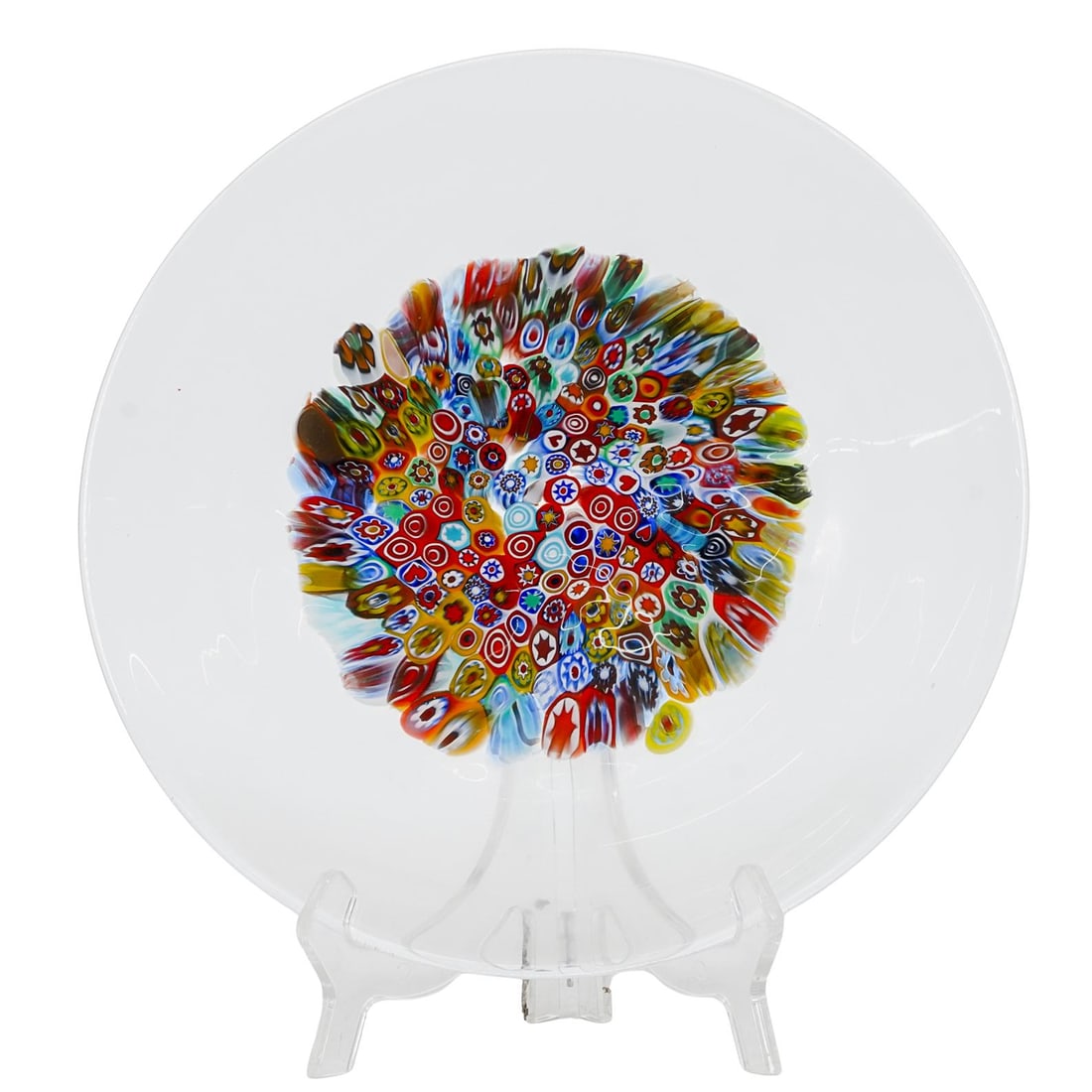 Murano Millefiori Glass Centerpiece: Murano Millefiori Glass Centerpiece Mid 20th Century, Italy Murano glass centerpiece, featuring a millefiori design within the center in circular form. H: 1.5" D: 11.5"