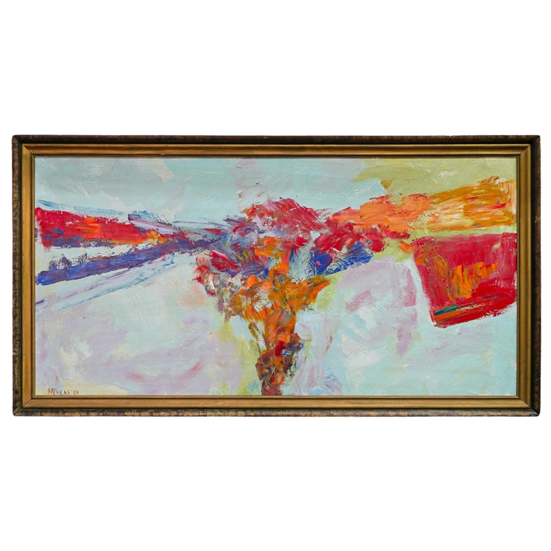 Walter Hollis Stevens (1927-1980) Polymer Tempera Painting: Walter Hollis Stevens (1927-1980) Polymer Tempera Painting1960, AmericanPainted in 1960, the work features a dynamic central form radiating outward in bold strokes of red, gold, blue, and lavender, se