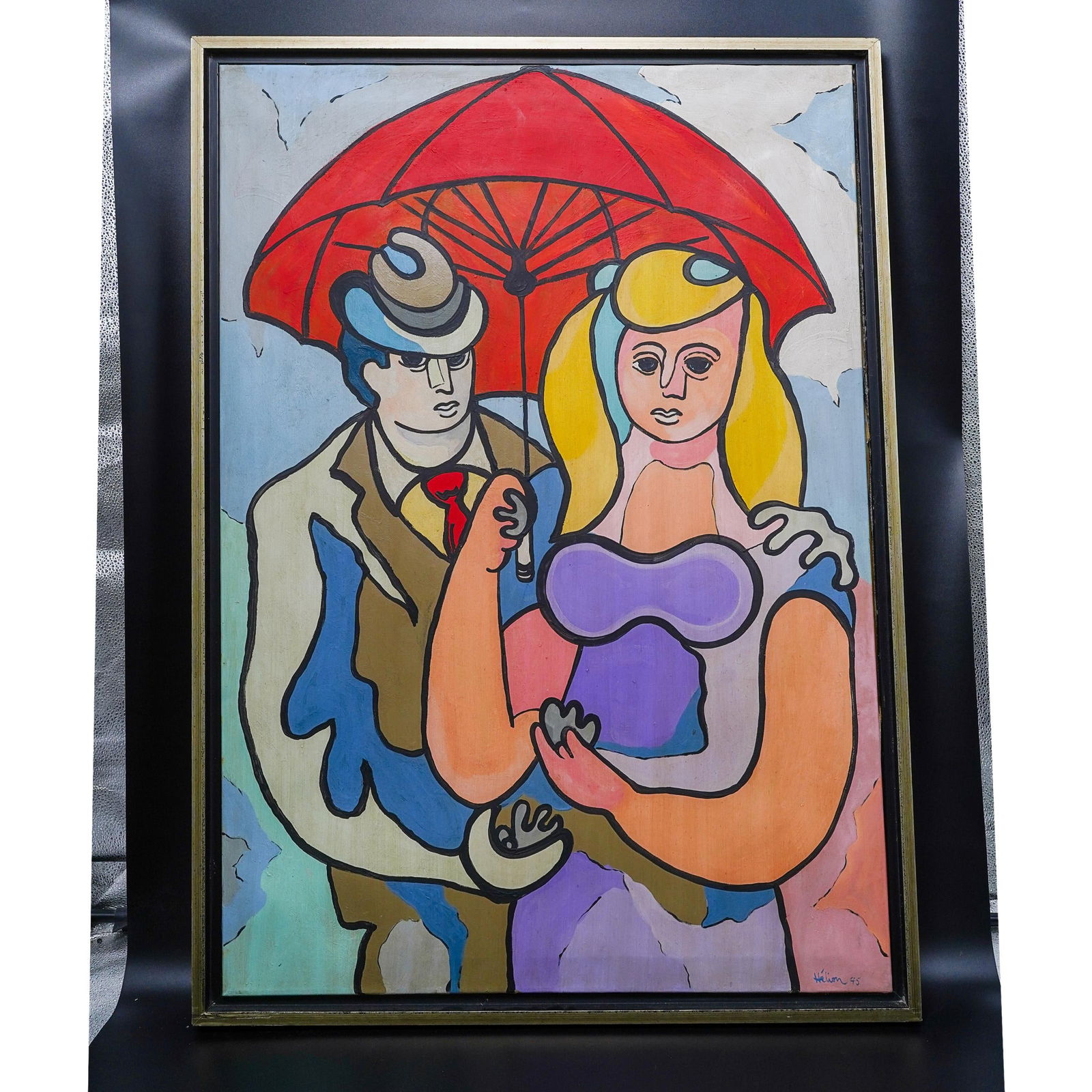 Jean Helion (1904-1987, French) “Couple Sous un Parapluie?? Painting: Jean Helion (1904-1987, French) “Couple Sous un Parapluie” Painting20th Century, FranceModernist figurative painting titled “Couple Under Red Umbrella”, signed “Helion 45” and