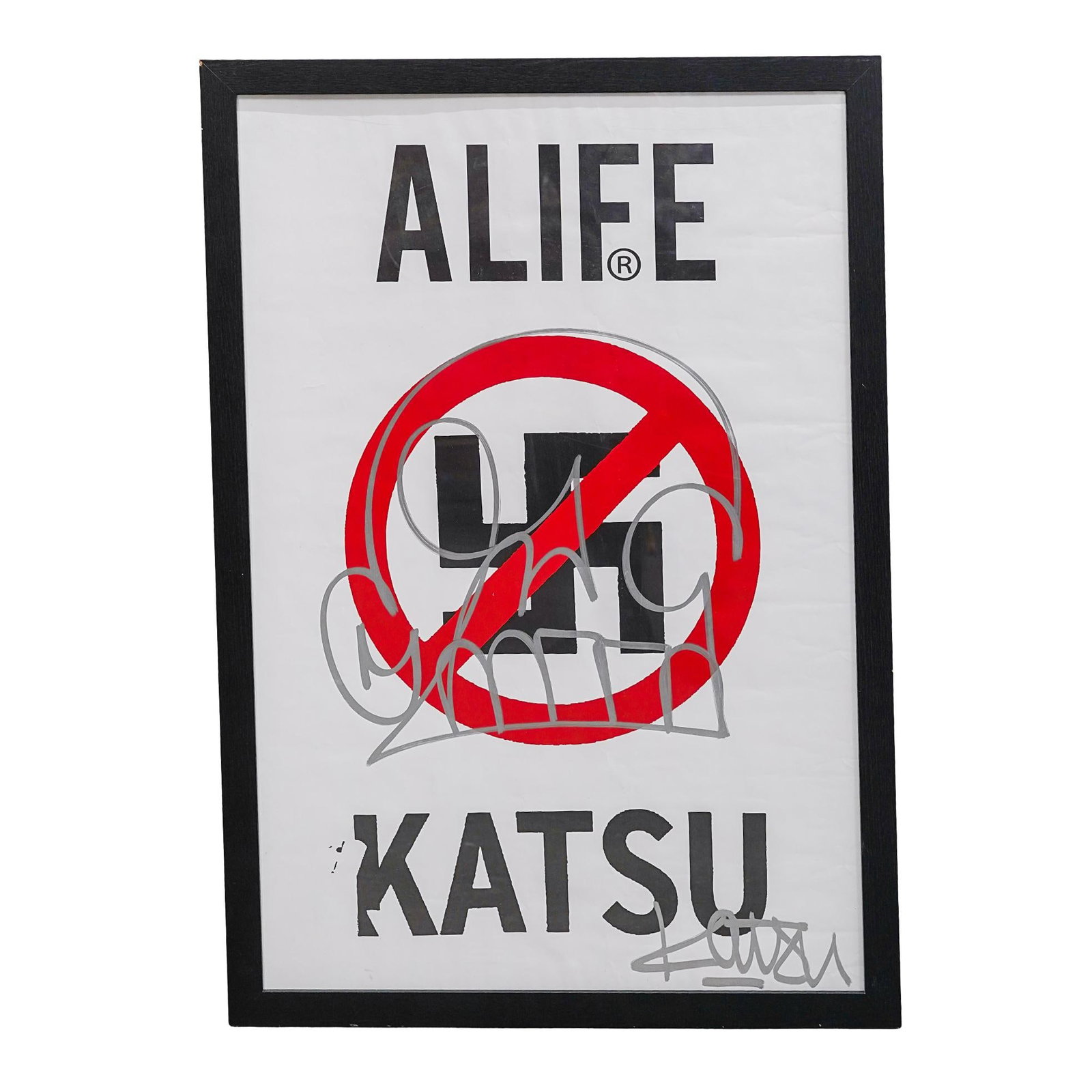 ALIFE & KATSU "Dubbed the Climate" Poster: ALIFE & KATSU "Dubbed the Climate" Poster 2018, American ALIFE & KATSU “Dubbed the Climate” Poster, featuring a powerful anti-hate graphic with a crossed-out swastika at the center, overlaid w