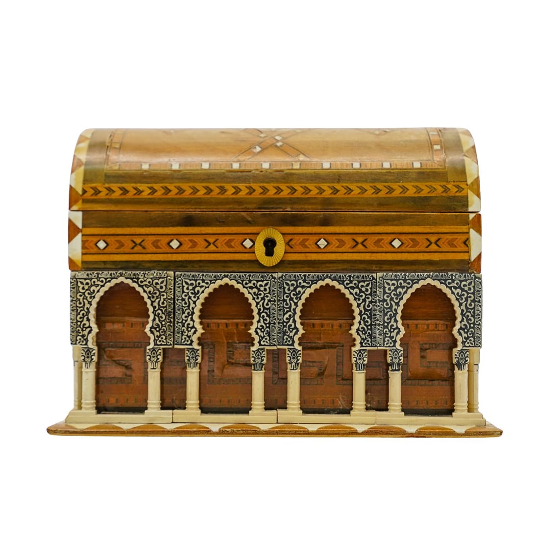 Antique Marquetry Inlaid Jewelry Box: Antique Marquetry Inlaid Jewelry BoxLate 19th to early 20th century, EuropeThe box is crafted from wood and carved bone. It features detailed geometric patterns and architectural motifs, with an inter