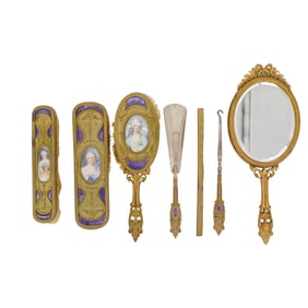 (7 Pcs) Antique French Enamel Bronze Vanity Set