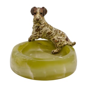 Antique Austrian Mixed Metal Dog and Onyx Ashtray