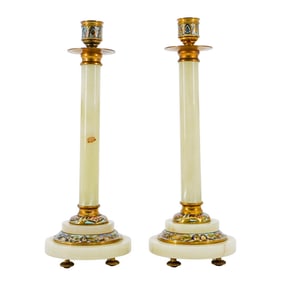 Pair of French Champleve Enamel & Onyx Candlesticks