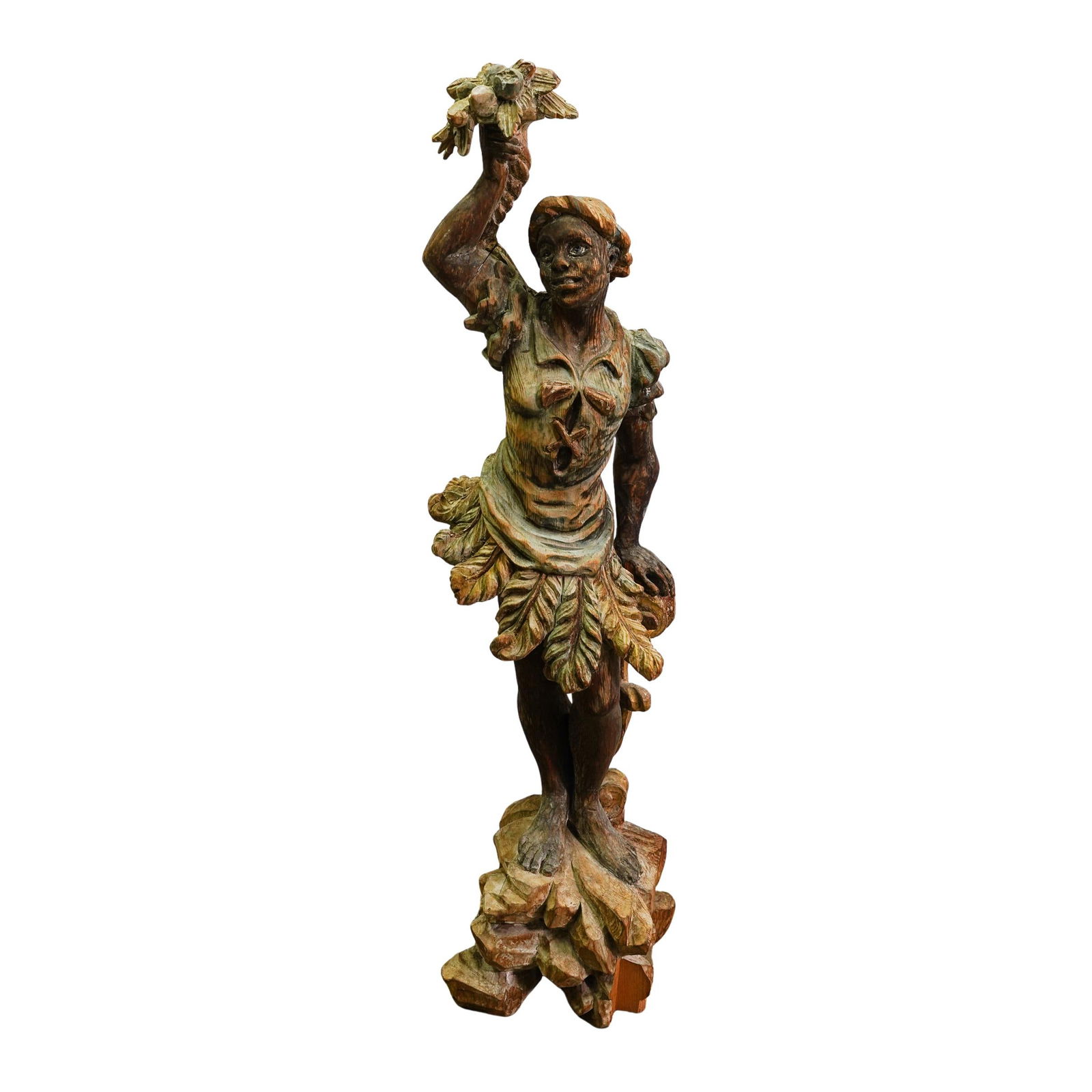 Italian Carved Wooden Polychrome Sculpture of a Woman: Italian Carved Wooden Polychrome Sculpture of a WomanEarly 20th century, ItalyCarved wooden sculpture of a woman with a bouquet in her hand and a floral skirt. Hand-painted detail. Marked "PALL handma