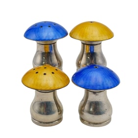(4 pcs) ELA Denmark Mushroom Enamel and Sterling Salt and Pepper Shakers