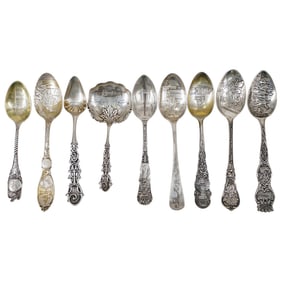 (9 Pc) Antique Sterling Silver Souvenir Spoons