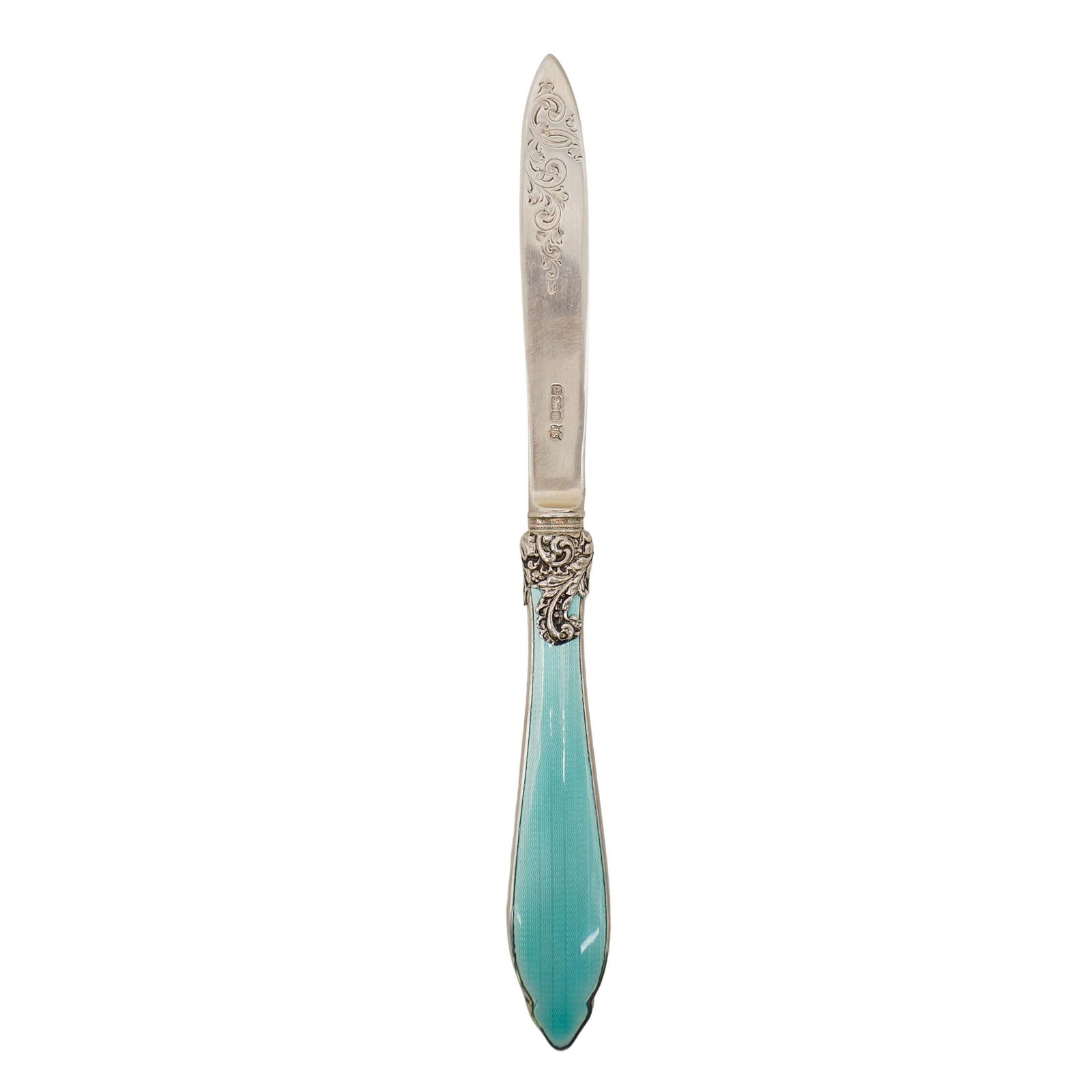 English John Sanderson Sterling Silver & Teal Blue Guilloché Letter Opener (1 of 5)