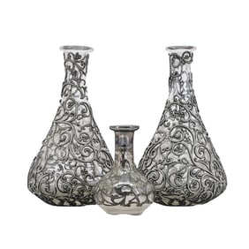 (3 Pc) Art Nouveau Silver Overlay Glass Bottles