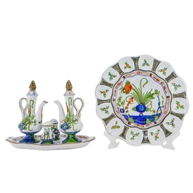 (6 Pc) Italian Ceramic Majolica Cruet and Oyster Plate