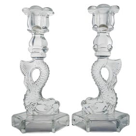 Pair Of Vintage Glass Dolphin Candlesticks