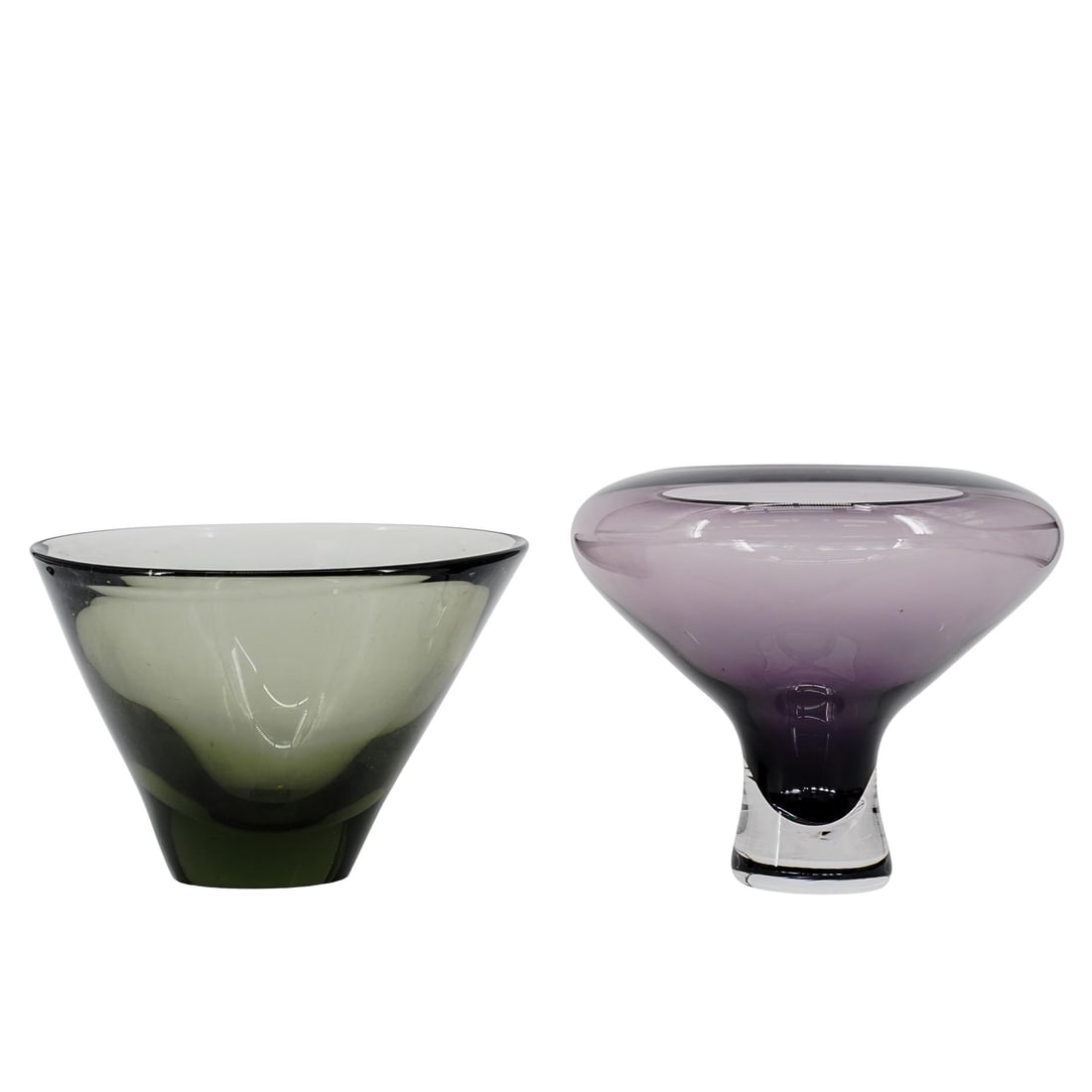 Pair Of Mid Century Art Glass Vases: Pair Of Mid Century Art Glass VasesMid 20th Century, ContinentalPair of mid century art glass vases, (1) Holmegaard smoked glass "Thule" vase signed underside "Holmegaard 160432" and (1) amethyst roun