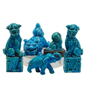 (5 pcs) Blue Ceramic Chinese Foo Dogs and Elephant