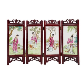 Chinese Miniature Wood And Porcelain Screen Panels