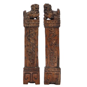 Pair of Antique Chinese Carved Wooden Columns