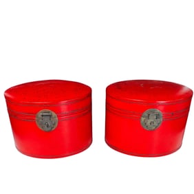 Pair Of Chinese Red Lacquered Hat Boxes