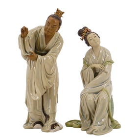 Pair of Large Chinese Ceramic Mudman and Woman Figurines