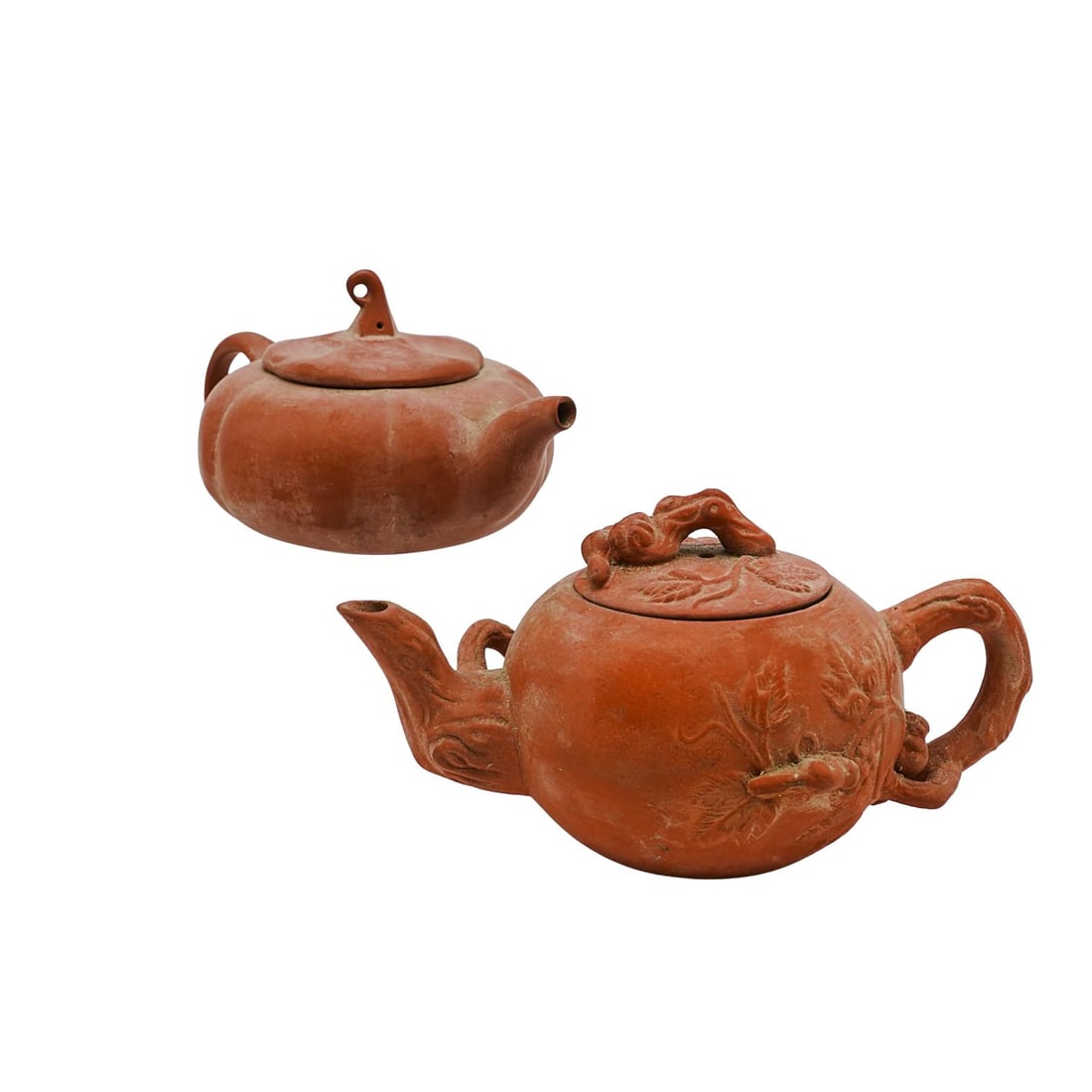 Pair of Chinese Redware Ceramic Teapots: Pair of Chinese Redware Ceramic TeapotsLate 19th-early 20th century, ChinaPair of Chinese "redware" ceramic miniature tea pots. One is shaped like a small gourd or pumpkin. One has floral and branch c