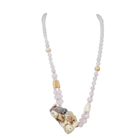 Chinese Signed Rose Quartz and Carved Bone Beaded Necklace