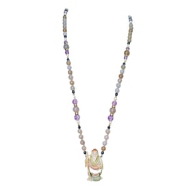 Chinese Mother of Pearl and Glass Beaded Necklace with Carved Bone Pendant