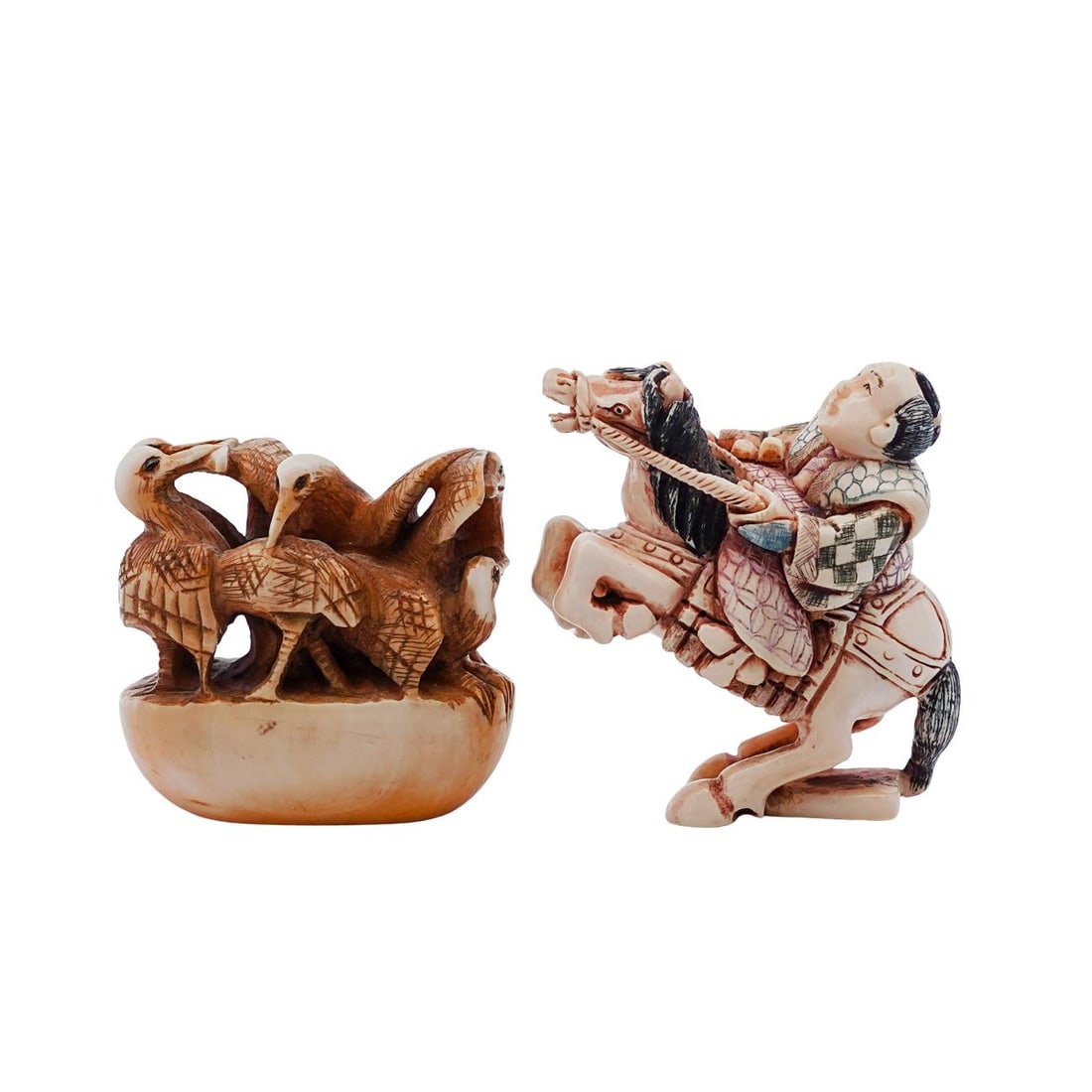 Pair of Chinese Signed Carved Bone Figurines: Pair of Chinese Signed Carved Bone FigurinesLate 19th-early 20th century, ChinaPair of signed carved bone figurines.x1 Man astride a horse with hand painted accents throughout. Signed on bottom.x1 A g