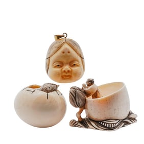 (3 pcs) Carved Bone Signed Netsuke Beads