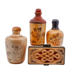 (4 pcs) Carved Bone and Wood Snuff Bottles and Box