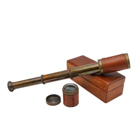 Antique Brass and Leather Telescope w/ Wooden Box