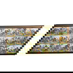Spanish Don Quixote Narrative Scene Ceramic Tile Panel: Spanish Don Quixote Narrative Scene Ceramic Tile Panel20th Century, SpainFramed Spanish ceramic tile artwork depicting scenes from Miguel de Cervantes’ “Don Quixote&rdquo;, composed of 21 hand-pai