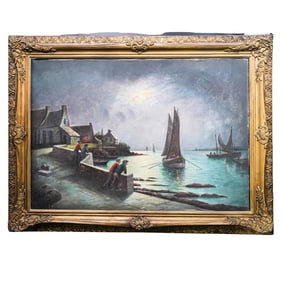 Signed "Hernando" Nighttime Nautical Oil on Canvas Painting