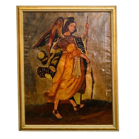 Antique Cuzco School Archangel Oil on Canvas Painting