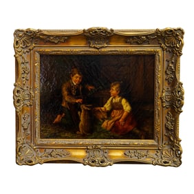 Style of Thomas Webster Oil on Canvas of Children with Rabbits