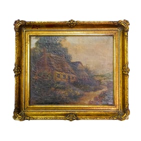 Signed Village Cottage Landscape Oil on Canvas