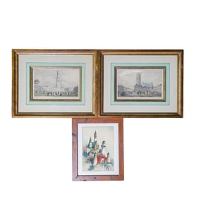 (3 pcs) Grouping of Etchings and Signed Watercolor