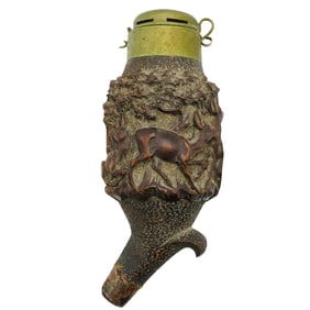 Antique Black Forest Carved Wood Gunpowder Flask