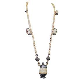 Antique Bone and Silver Jar Pendant Beaded Necklace