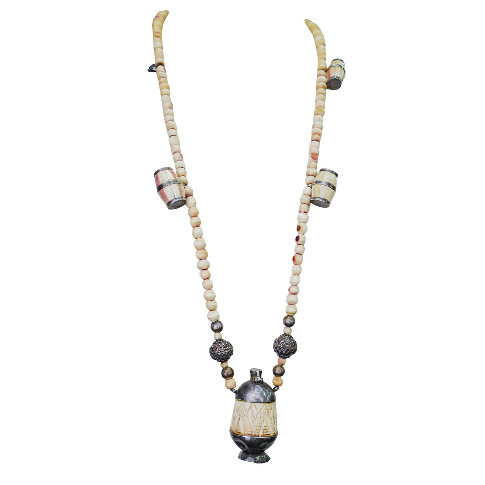 Antique Bone and Silver Jar Pendant Beaded Necklace: Antique Bone and Silver Jar Pendant Beaded NecklaceLate 19th early 20th century, AsiaCarved beaded bone necklace with silver beaded accents and a lidded jar carved bone and silver pendant. Silver clas