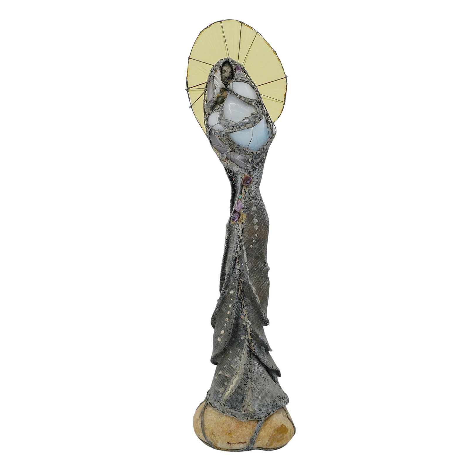 Contemporary Saint Sculpture Mixed Media: Contemporary Saint Sculpture Mixed Media 21st century, Continental An abstract figure made from mixed materials, including stones, metals, and glass. The figure is roughed and has a stylized appearanc