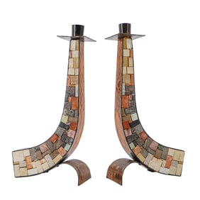 Pair of Vintage Judaica Stone and Copper Candlesticks