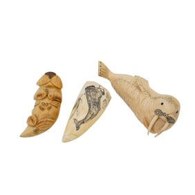(3 pcs) Scrimshaw and Carved Bone Figurines