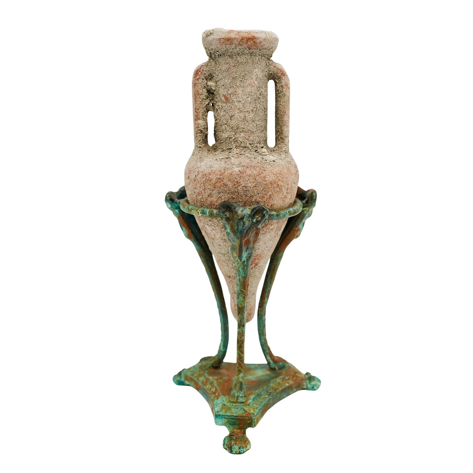 Terracotta Amphora Vase: Terracotta Amphora Vase19th Century, GreeceTerracotta amphora in bronze claw foot patinated base with zoomorphic adornments on sides.Amphora (measured in base): H 8 1/2" Diameter 3"