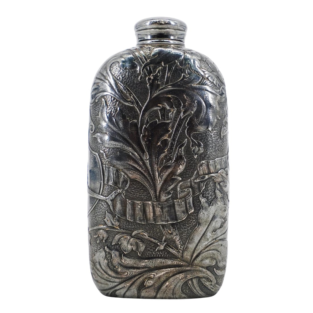 Antique European Silver-Plated Flask: Antique European Silver-Plated FlaskLate 19th to early 20th century, EuropeRectangular in shape with rounded shoulders and gently tapering sides. It features a neck and cap. The surface is adorned wit
