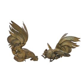 Pair of Bronze Fighting Rooster Sculptures