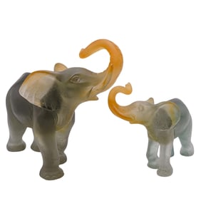 Pair of Daum Pate de Verre Art Glass Elephants
