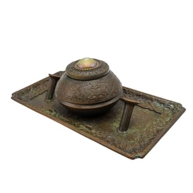 Antique Tiffany Studios Bronze And Favrile Glass Inkwell