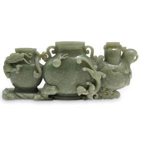 18th Century Chinese Carved Jade Dragon And Fenghuang Triple Vase