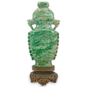 Antique Chinese Archaic Style Jadeite Lidded Vase On Stand