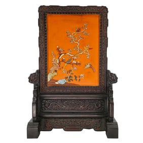 Antique Chinese Carved Wood and Semi Precious Stone Table Screen