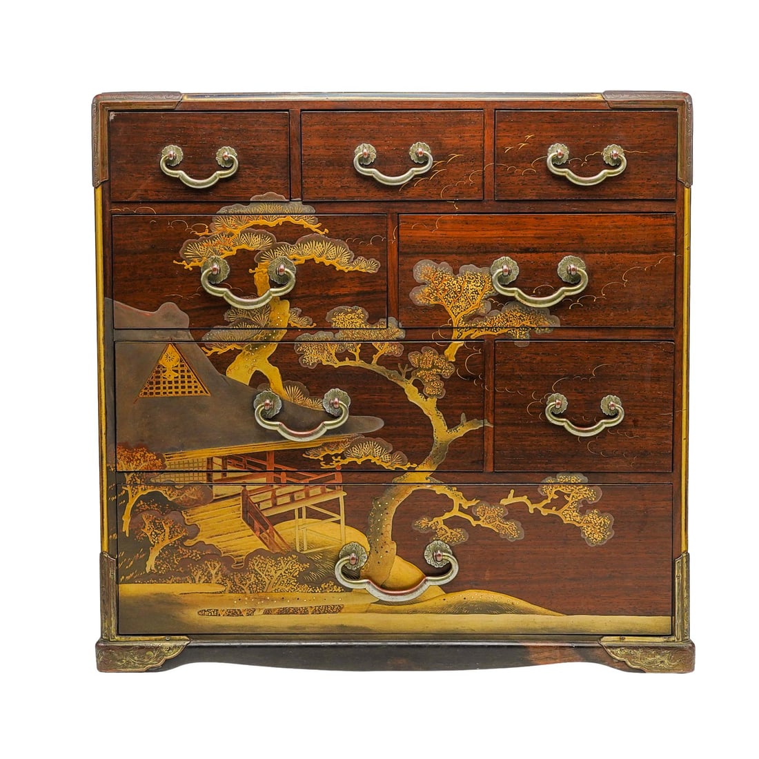 Japanese Meiji Gilt Lacquered Kodansu box: Japanese Meiji Gilt Lacquered Kodansu box Early 20th Cent, Japan Japanese Meiji Kodansu box crafted with wood decorated with gilt painted mountainous village motifs, comprised of eight drawers with br